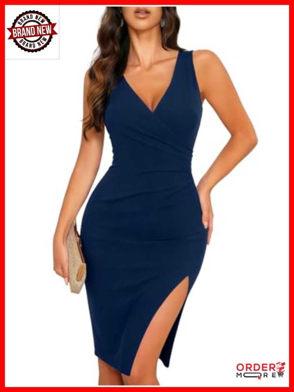 Sexy V Neck Sleeveless Faux Wrap Bodycon Midi Dress with Side Slit